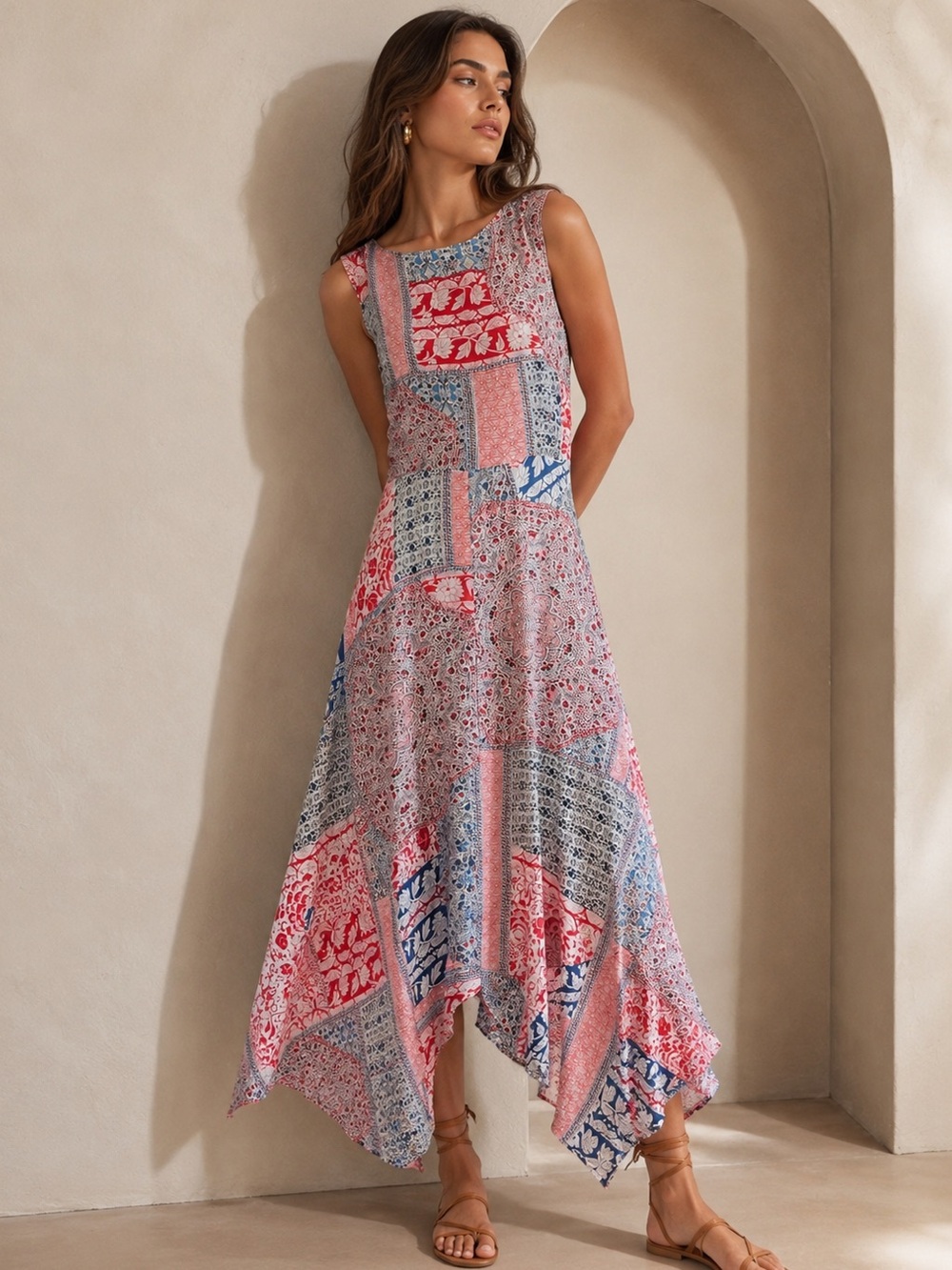 Patchwork Handkerchief Hem Midi Dress Boho Festival Resort Size 6